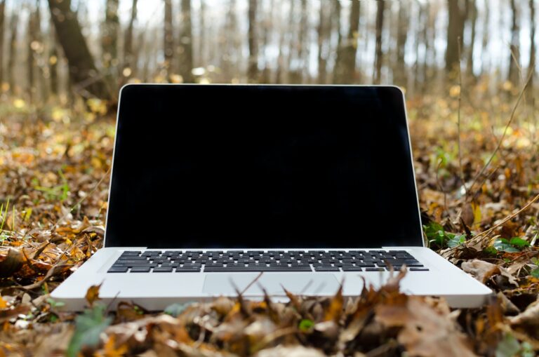 silver macbook pro with black screen on withered leaves
